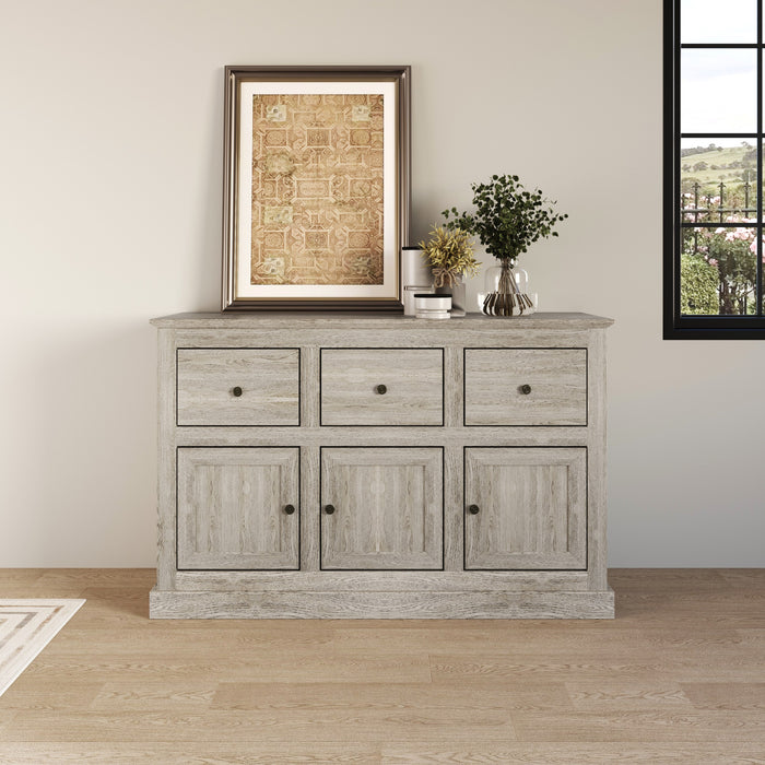 Decatur Farmhouse Storage Sideboard Cabinet with 3 Drawers, 3 Door Cabinets, Spacious Tabletop, and Wood Grain Finish
