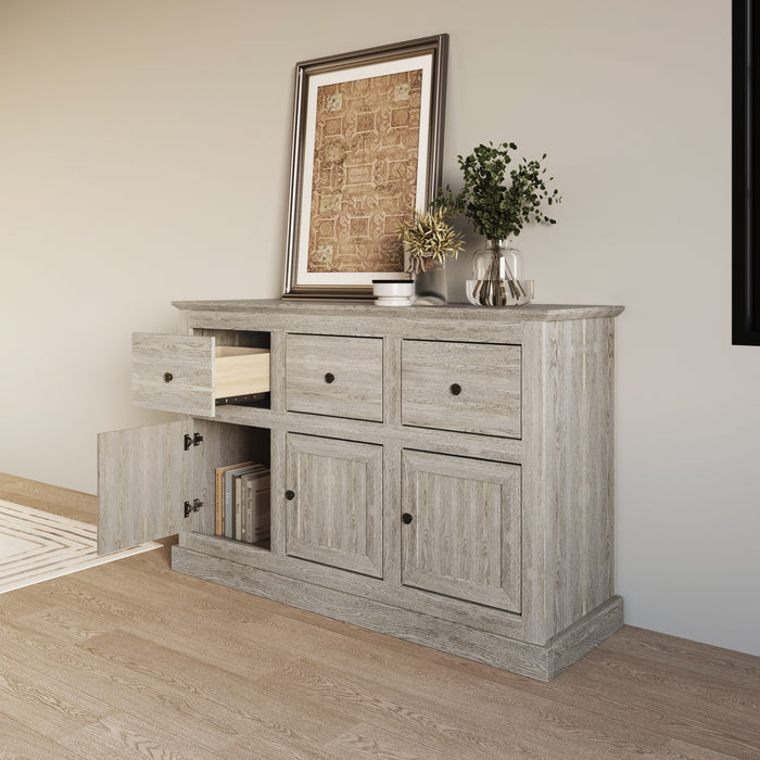 Decatur Farmhouse Storage Sideboard Cabinet with 3 Drawers, 3 Door Cabinets, Spacious Tabletop, and Wood Grain Finish