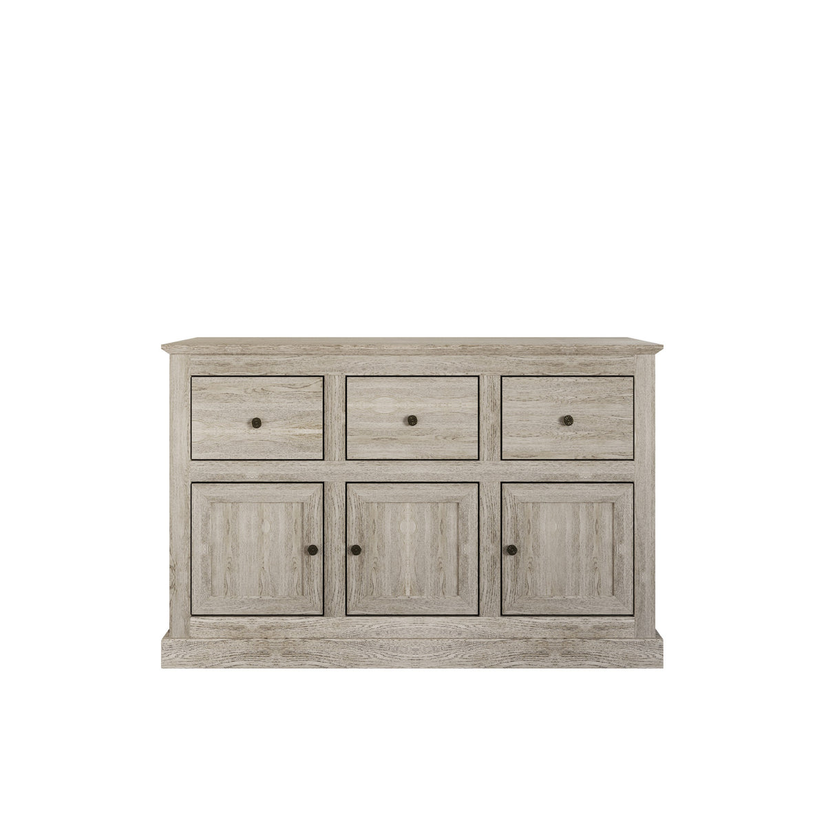 Decatur Farmhouse Storage Sideboard Cabinet with 3 Drawers, 3 Door Cabinets, Spacious Tabletop, and Wood Grain Finish