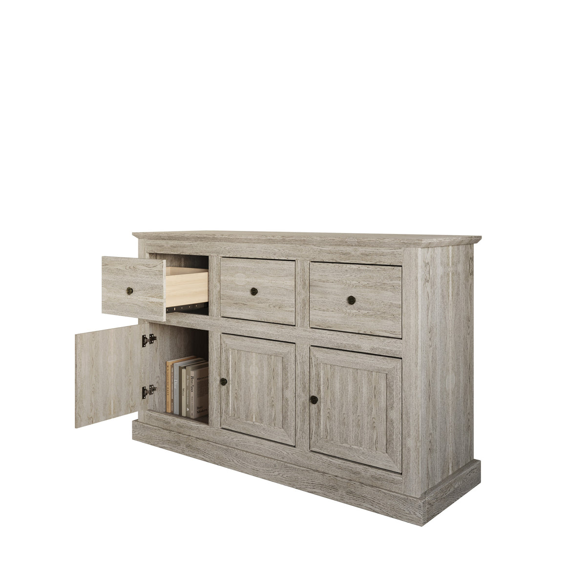 Decatur Farmhouse Storage Sideboard Cabinet with 3 Drawers, 3 Door Cabinets, Spacious Tabletop, and Wood Grain Finish