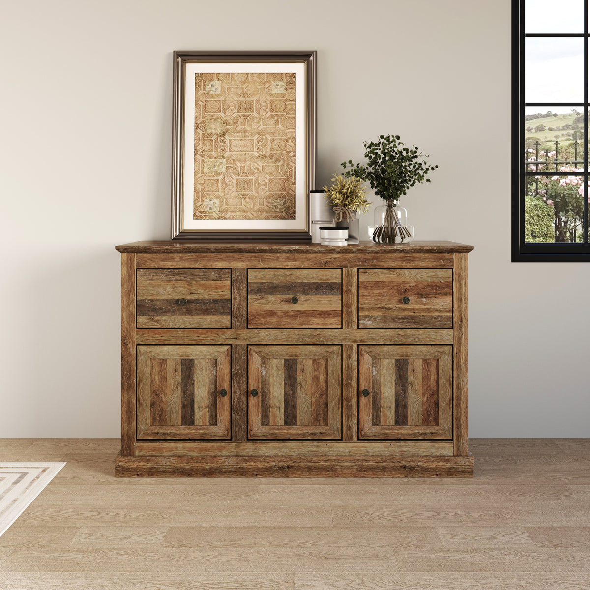 Decatur Farmhouse Storage Sideboard Cabinet with 3 Drawers, 3 Door Cabinets, Spacious Tabletop, and Wood Grain Finish