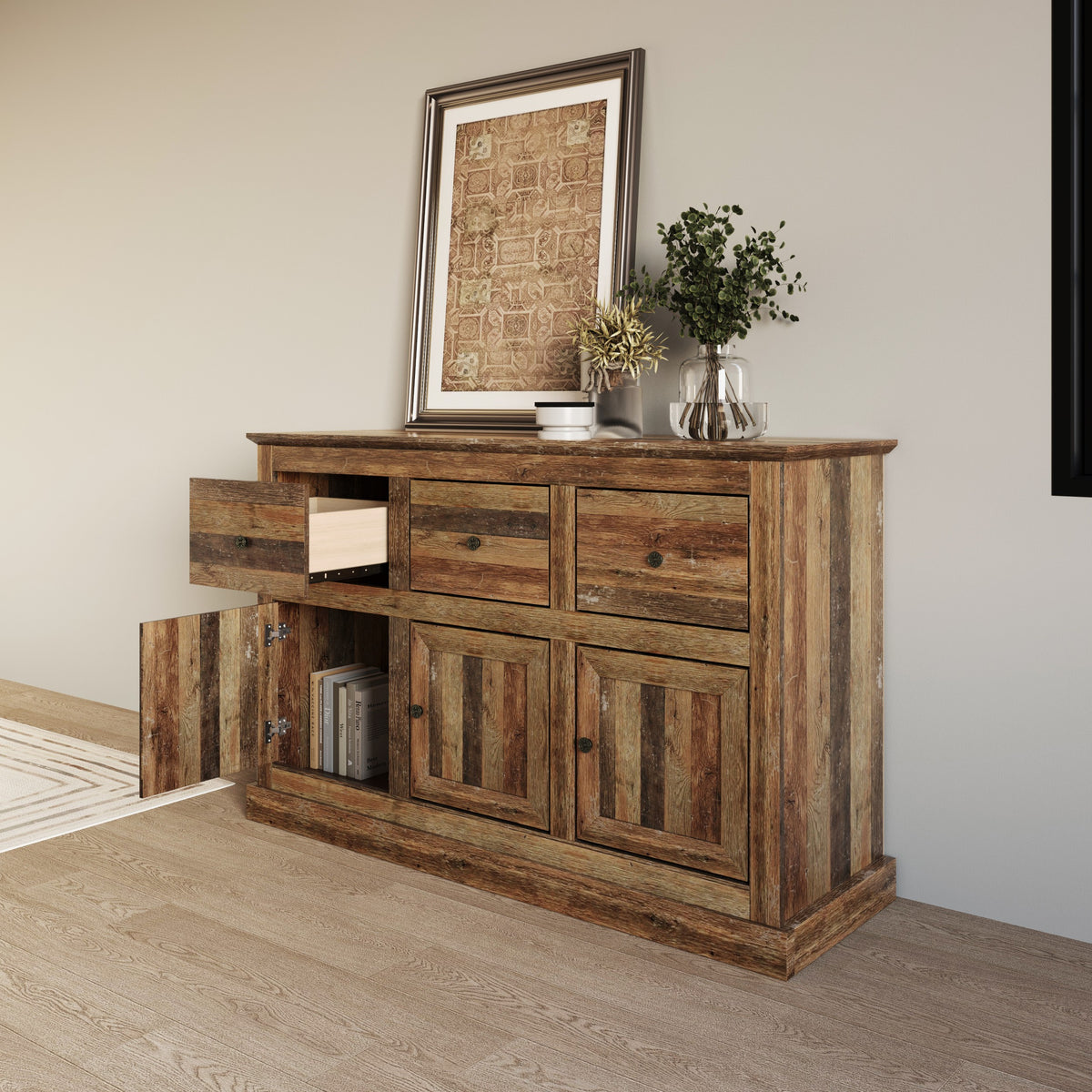 Decatur Farmhouse Storage Sideboard Cabinet with 3 Drawers, 3 Door Cabinets, Spacious Tabletop, and Wood Grain Finish