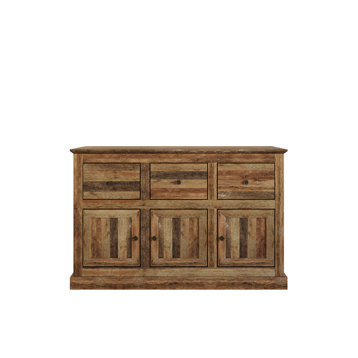 Decatur Farmhouse Storage Sideboard Cabinet with 3 Drawers, 3 Door Cabinets, Spacious Tabletop, and Wood Grain Finish