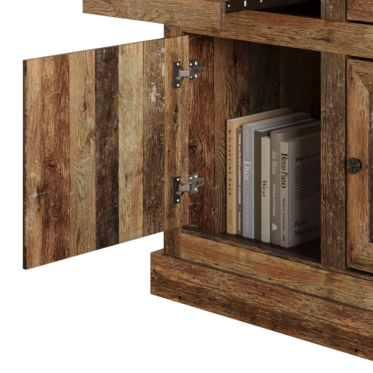 Decatur Farmhouse Storage Sideboard Cabinet with 3 Drawers, 3 Door Cabinets, Spacious Tabletop, and Wood Grain Finish
