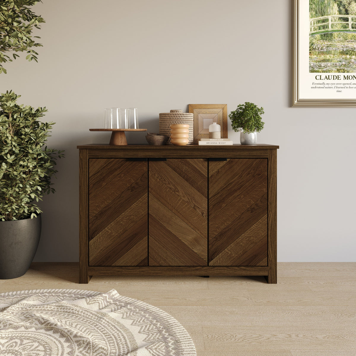 Abilene Brown Wood Grain 3-Door Storage Sideboard Cabinet