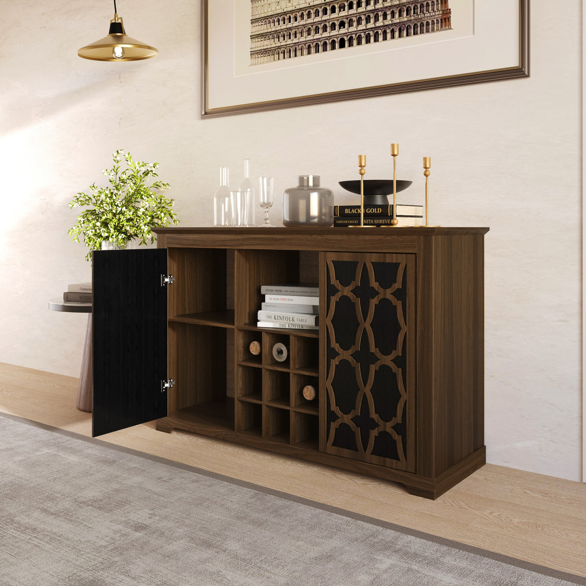 Chanute Sideboard with 2 Decorative Doors, Wine Storage Cubby, Open Shelves, Easy Assembly