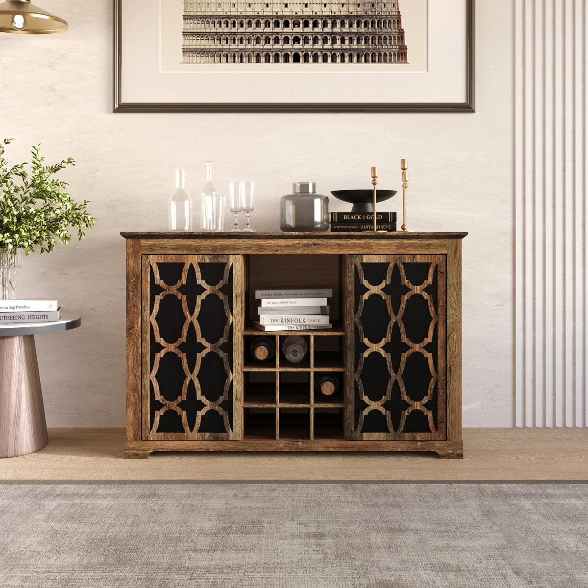 Chanute Sideboard with 2 Decorative Doors, Wine Storage Cubby, Open Shelves, Easy Assembly