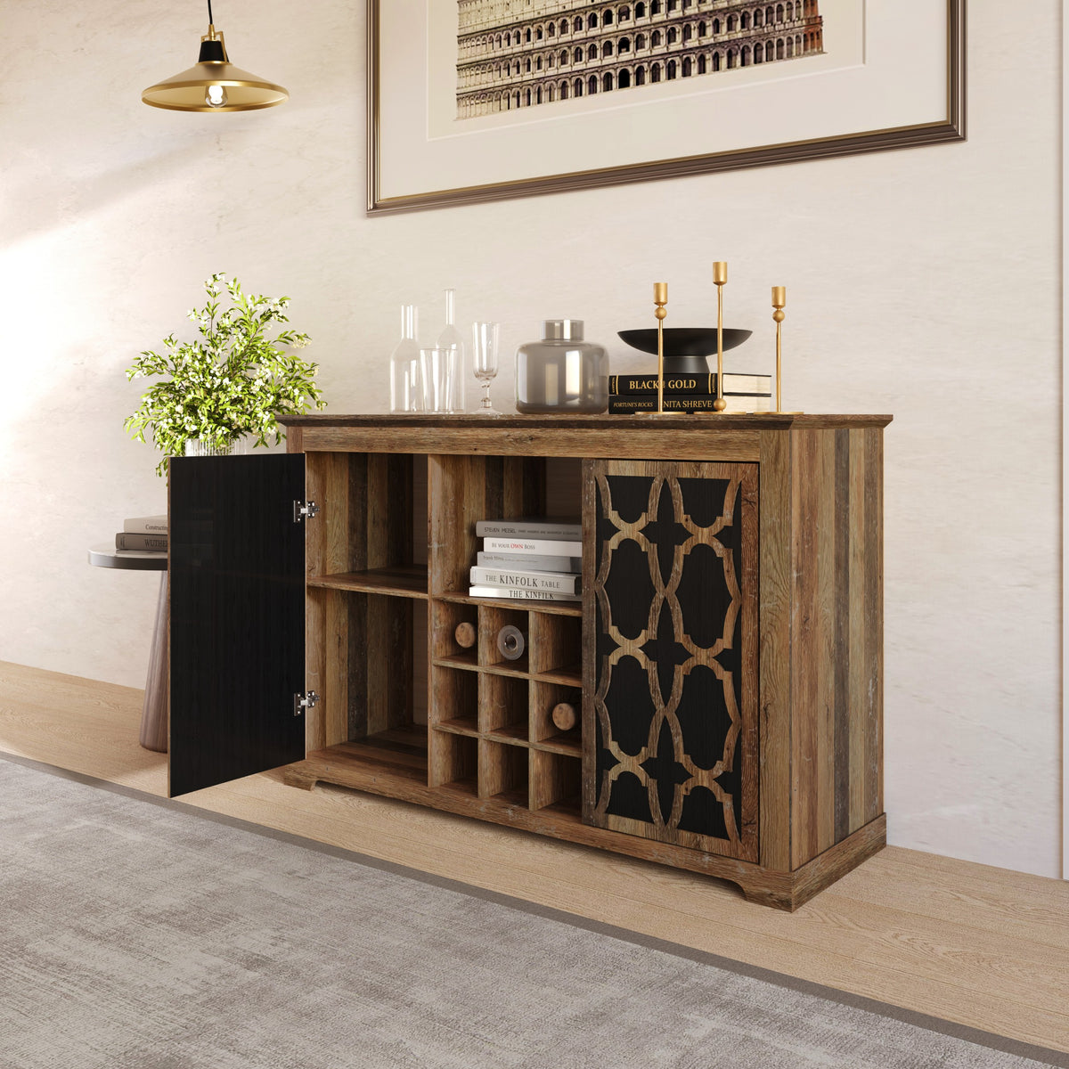 Chanute Sideboard with 2 Decorative Doors, Wine Storage Cubby, Open Shelves, Easy Assembly