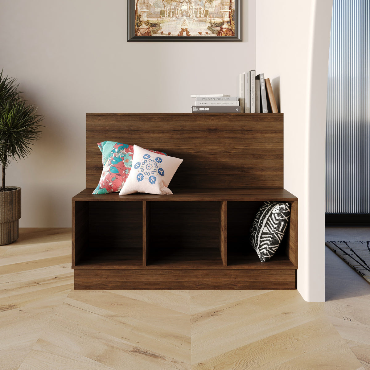 Xenia Multi-Functional Storage Bench with 3 Cubbies & Backrest