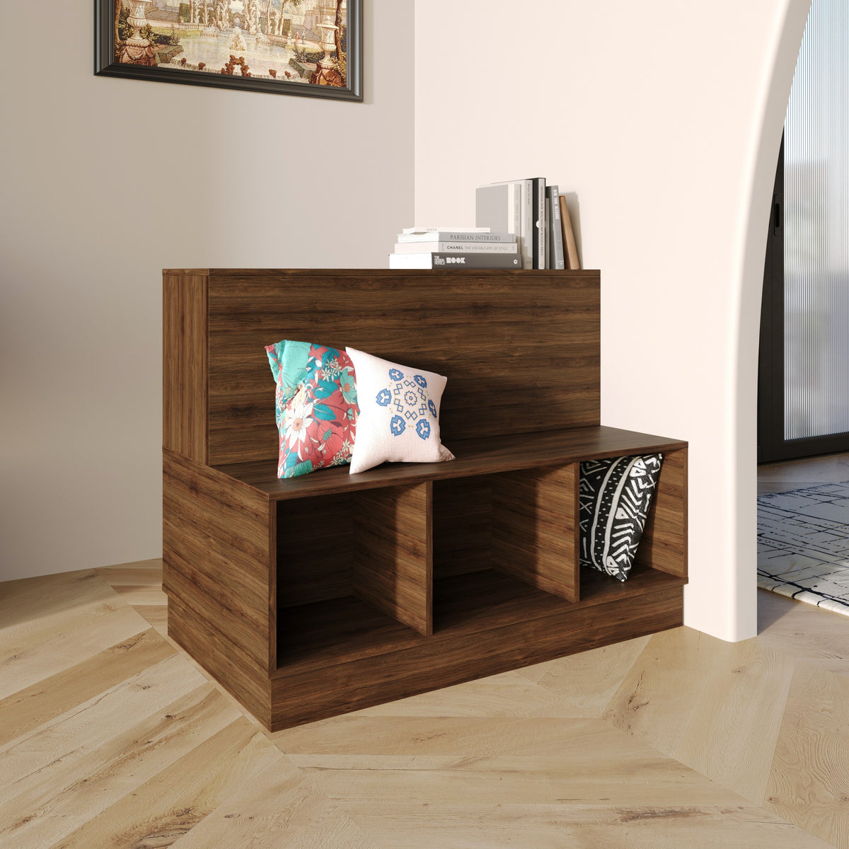 Xenia Multi-Functional Storage Bench with 3 Cubbies & Backrest