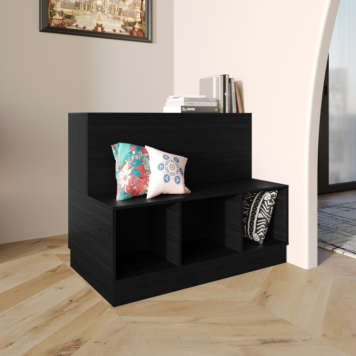 Xenia Multi-Functional Storage Bench with 3 Cubbies & Backrest
