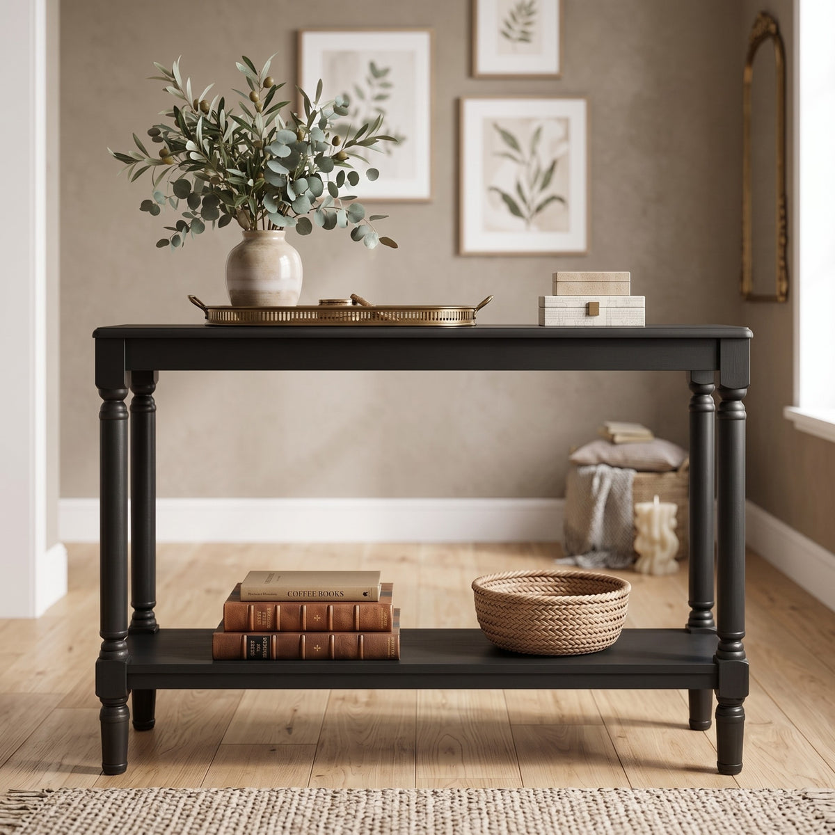 Giuseppe 47-Inch Wooden Console Table with Lower Display Shelf, Turned Legs, Classic Traditional Design, and Durable Construction