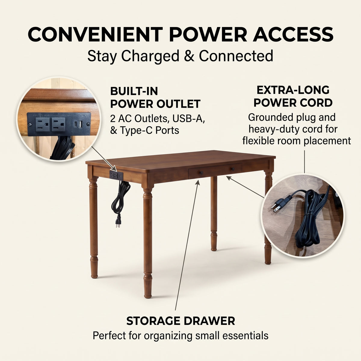 Solid Wood Fedora Writing Desk with Built-In Charging Station, Office Furniture Desk