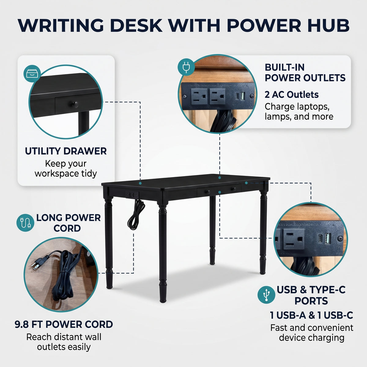 Solid Wood Fedora Writing Desk with Built-In Charging Station, Office Furniture Desk