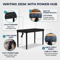 Solid Wood Fedora Writing Desk with Built-In Charging Station, Office Furniture Desk