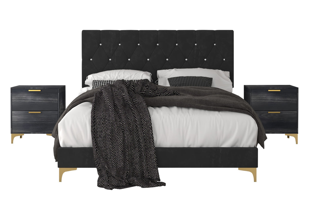 Home Design Sana Upholstered Panel Bed Frame with 2 Nightstands