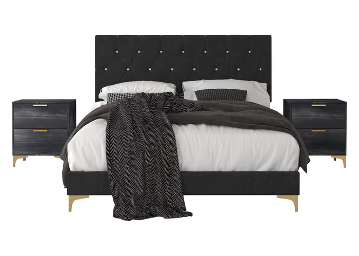 Home Design Sana Upholstered Panel Bed Frame with 2 Nightstands