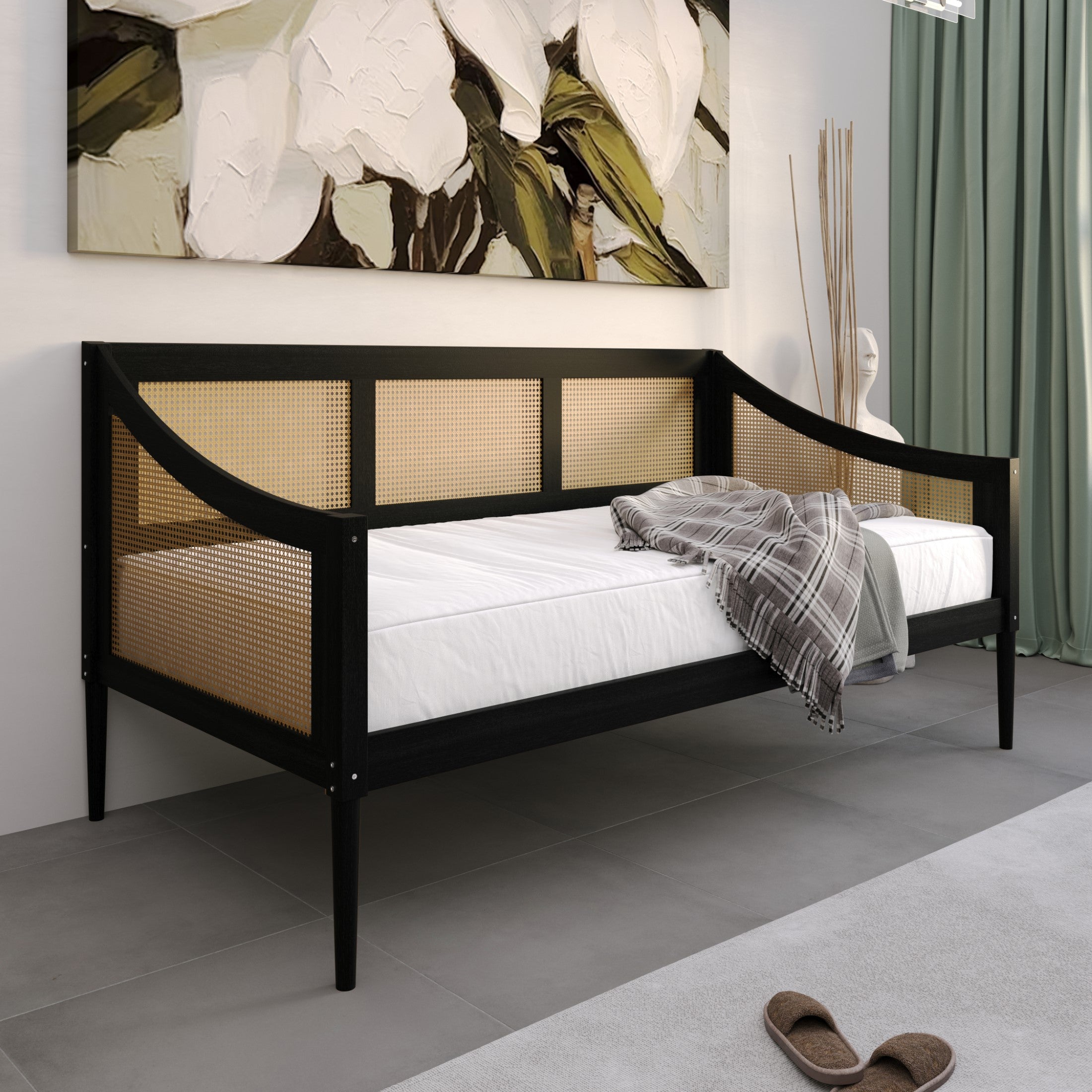 Elko Twin Daybed with Natural Wood Grain Frame, Rattan Accents