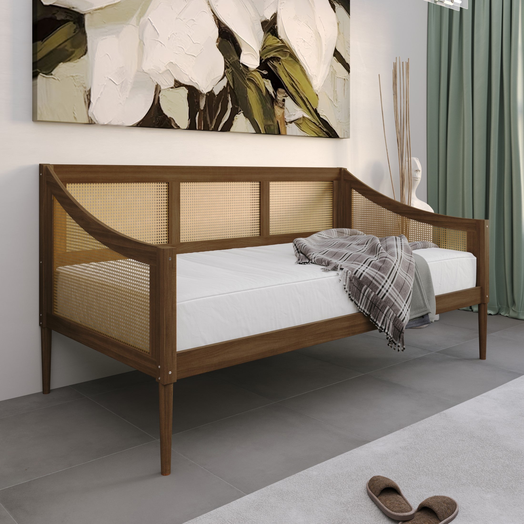 Elko Twin Daybed with Natural Wood Grain Frame, Rattan Accents