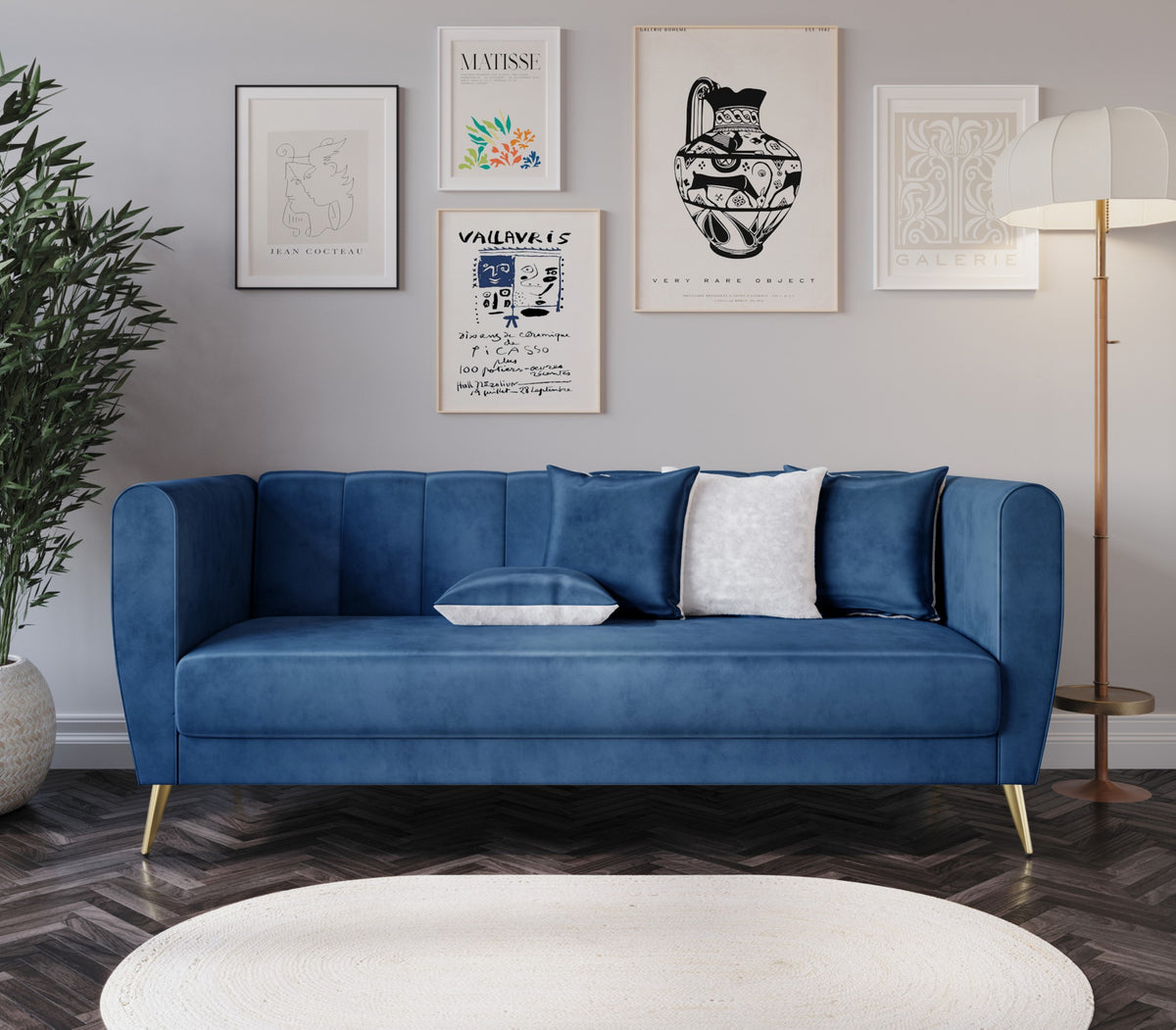 Home Design Scarlett Velvet Flared Arm 3-Seater Sofa with 4 Throw Pillow
