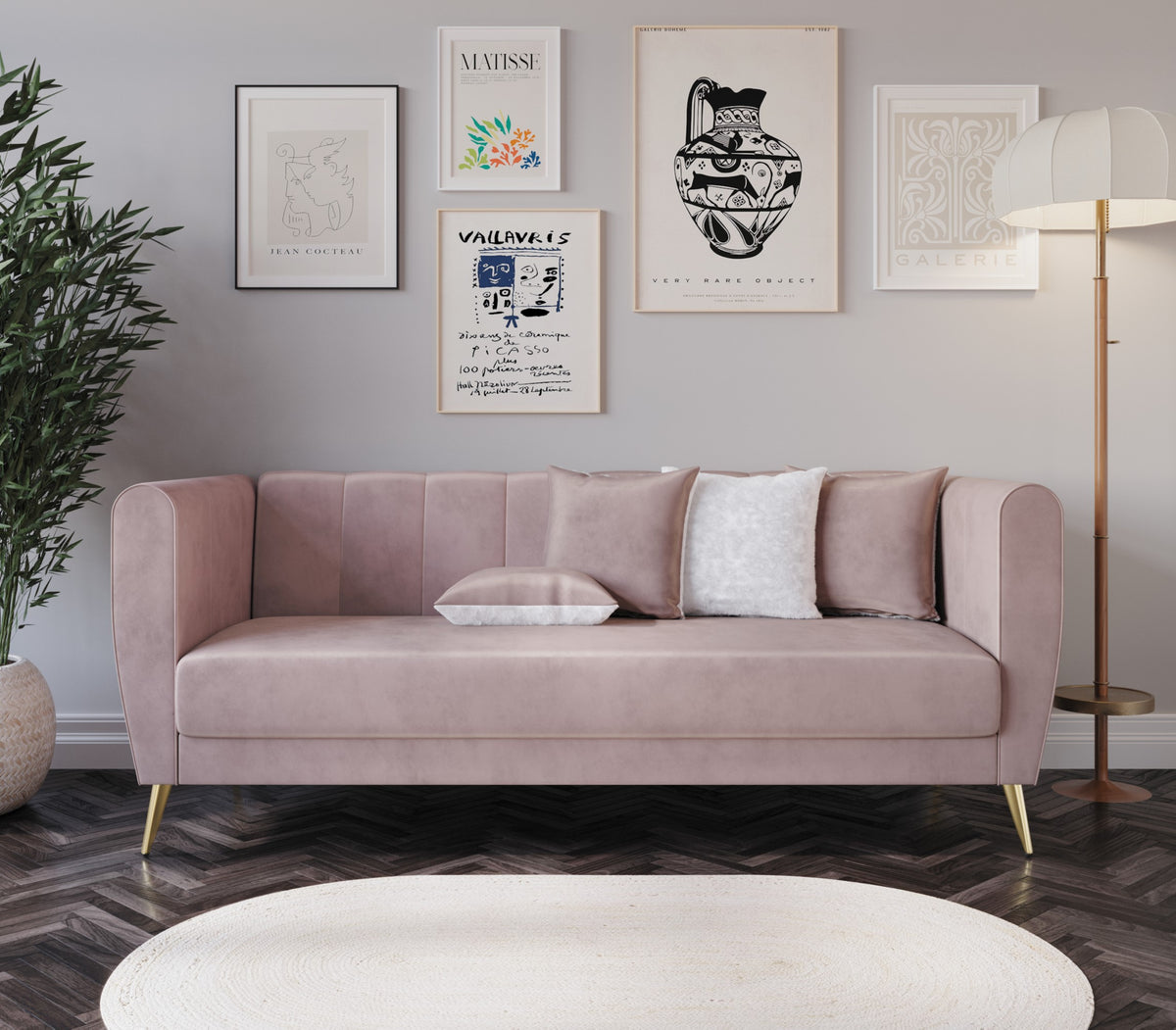 Home Design Scarlett Velvet Flared Arm 3-Seater Sofa with 4 Throw Pillow