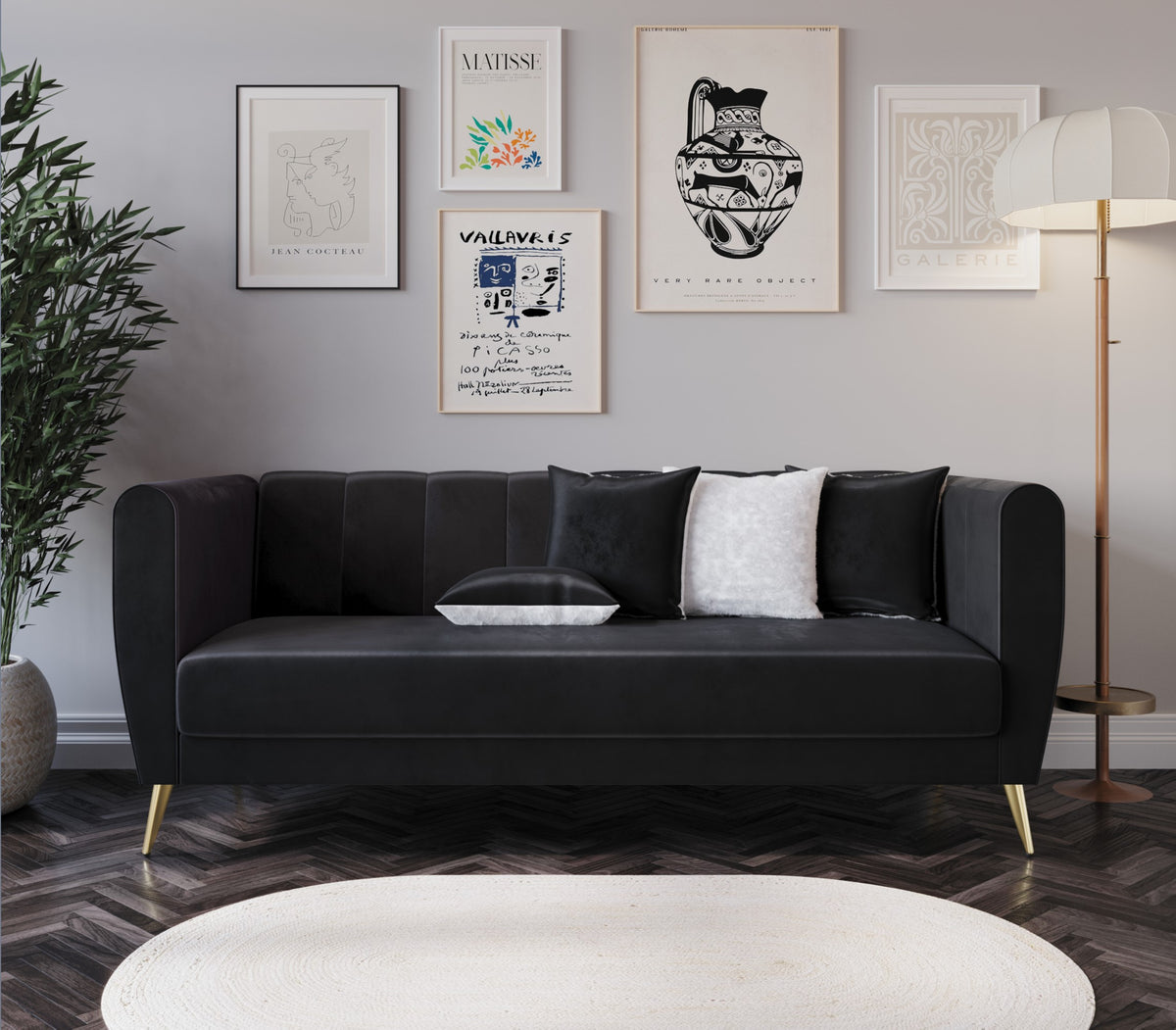 Home Design Scarlett Velvet Flared Arm 3-Seater Sofa with 4 Throw Pillow