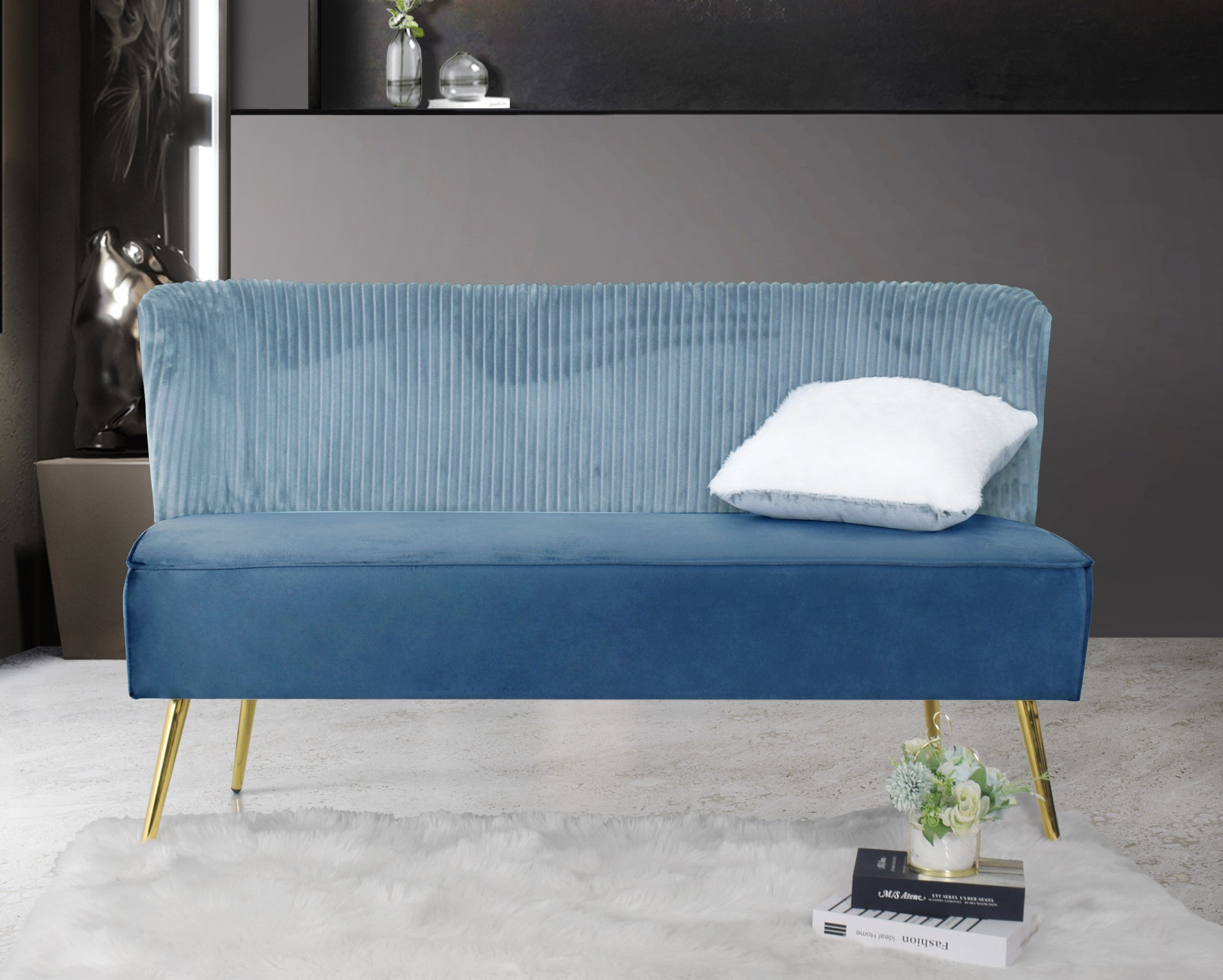 Hestie Velvet Sofa with Curved Backrest and Gold Metal Legs
