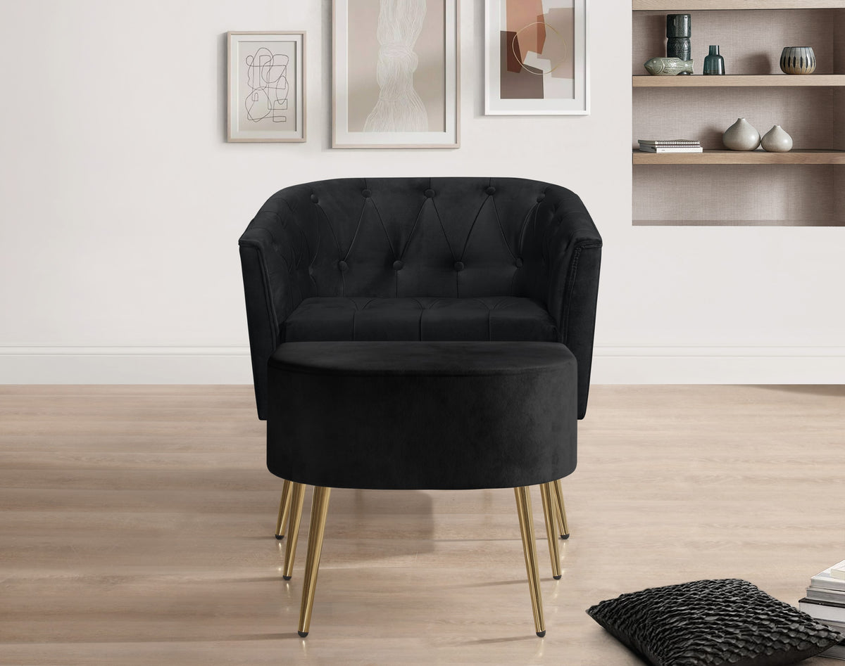 Cassy Velvet Flared Arm 4-Piece Living Room Set with Armchair, Ottoman, Loveseat, and Storage Coffee Table, Black