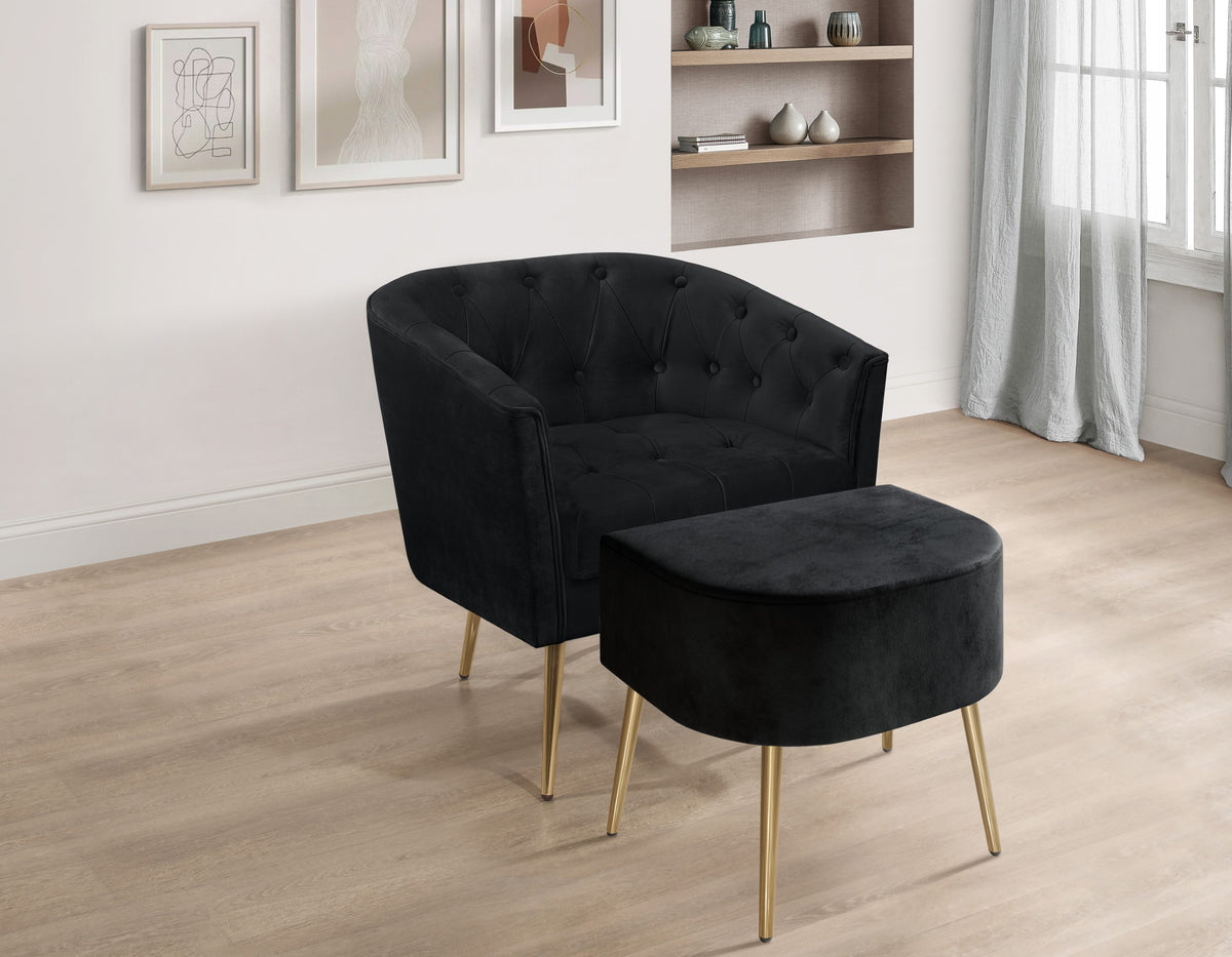 Cassy Velvet Flared Arm 4-Piece Living Room Set with Armchair, Ottoman, Loveseat, and Storage Coffee Table, Black
