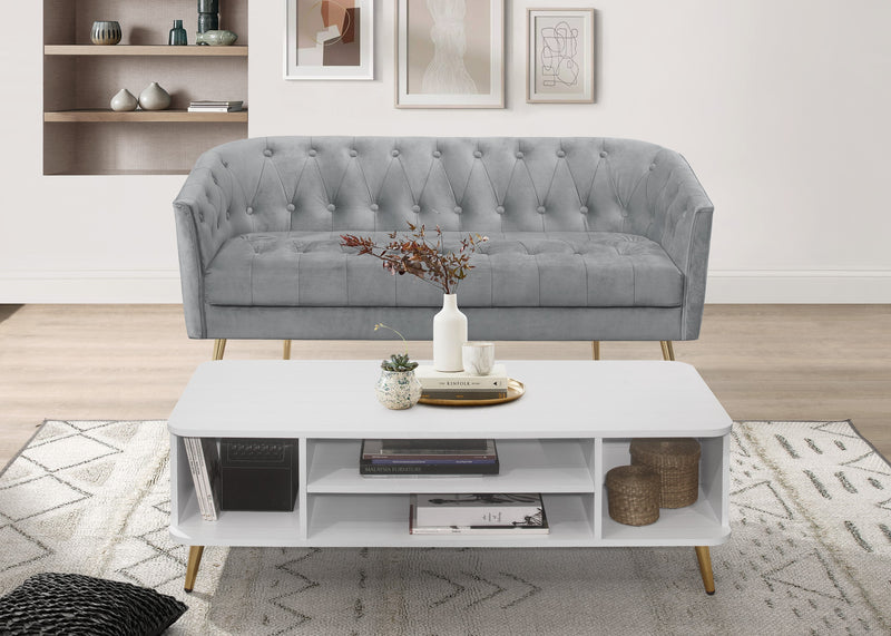 Cassy Velvet Flared Arm 4-Piece Living Room Set with Armchair, Ottoman, Loveseat, and Storage Coffee Table, Gray