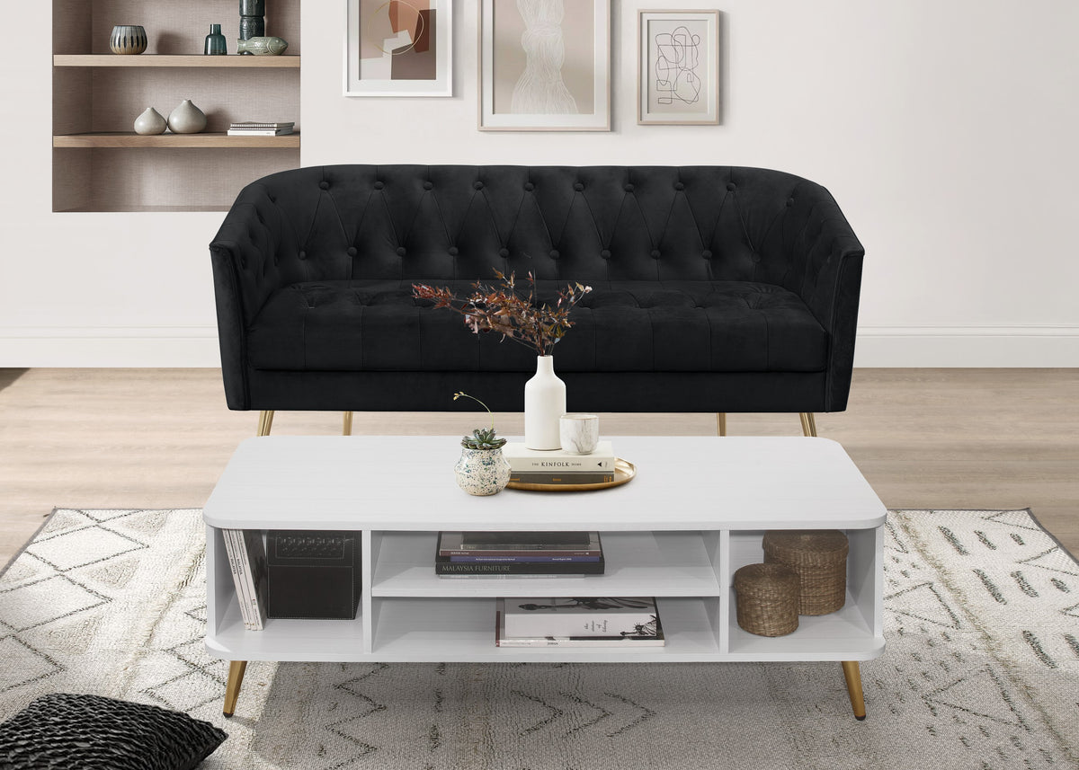 Cassy Velvet Flared Arm 4-Piece Living Room Set with Armchair, Ottoman, Loveseat, and Storage Coffee Table, Black