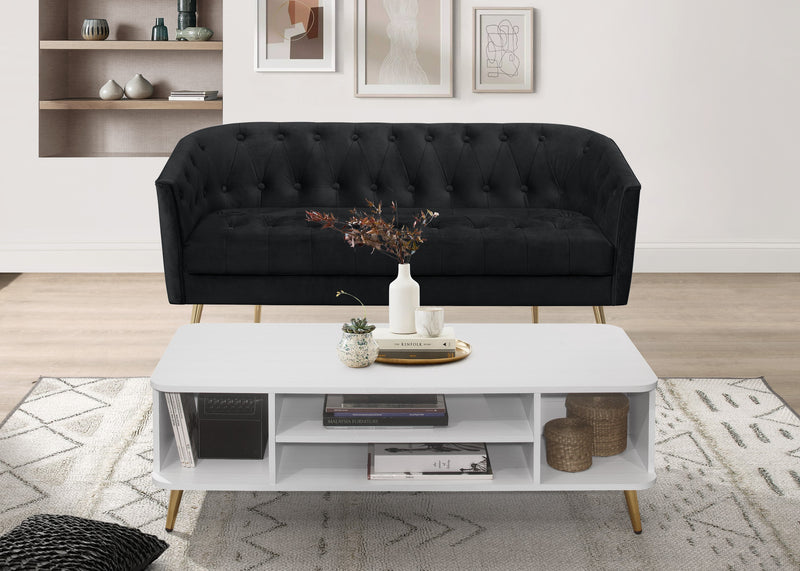 Cassy Velvet Flared Arm 4-Piece Living Room Set with Armchair, Ottoman, Loveseat, and Storage Coffee Table, Black