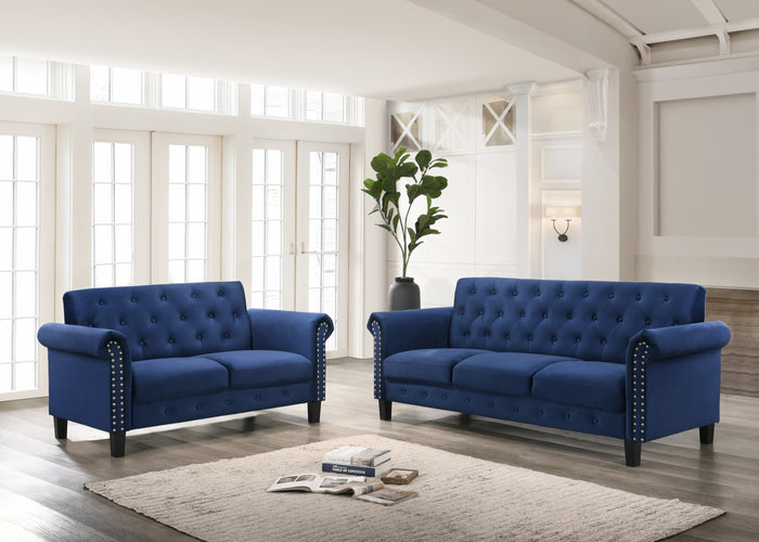 Home Design 2-Piece Casper Velvet Rolled Arm Living Room Furniture Set with Loveseat and Sofa, Navy Blue