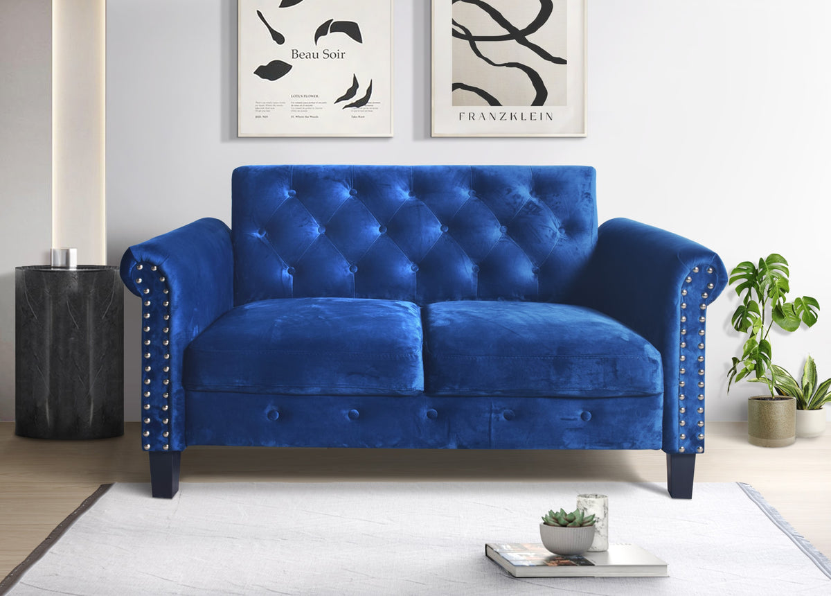 Home Design Casper Velvet Rolled Arm Loveseat, Navy Blue