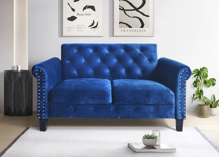 Home Design 2-Piece Casper Velvet Rolled Arm Living Room Furniture Set with Loveseat and Sofa, Navy Blue