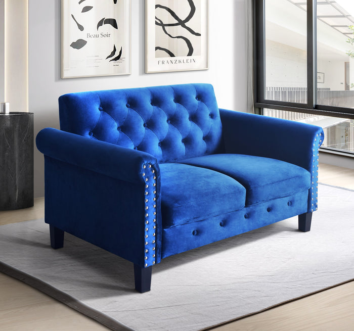 Home Design Casper Velvet Rolled Arm Loveseat, Navy Blue