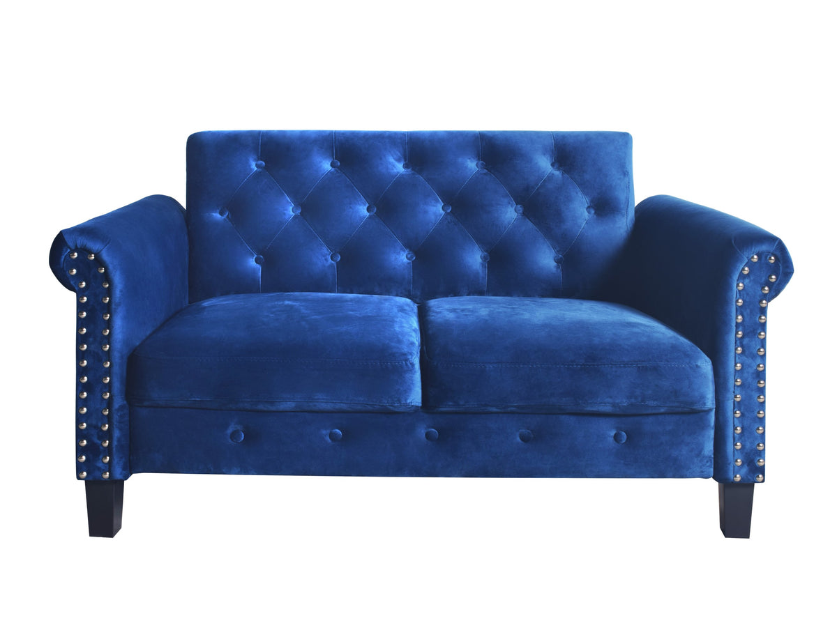 Home Design Casper Velvet Rolled Arm Loveseat, Navy Blue