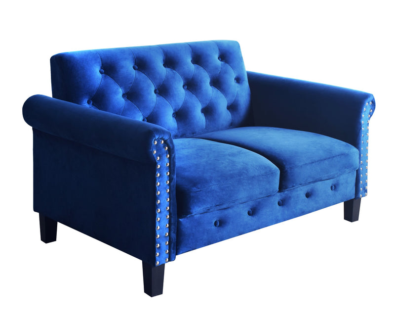 Home Design Casper Velvet Rolled Arm Loveseat, Navy Blue