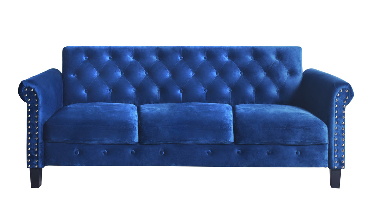 Home Design 2-Piece Casper Velvet Rolled Arm Living Room Furniture Set with Loveseat and Sofa, Navy Blue