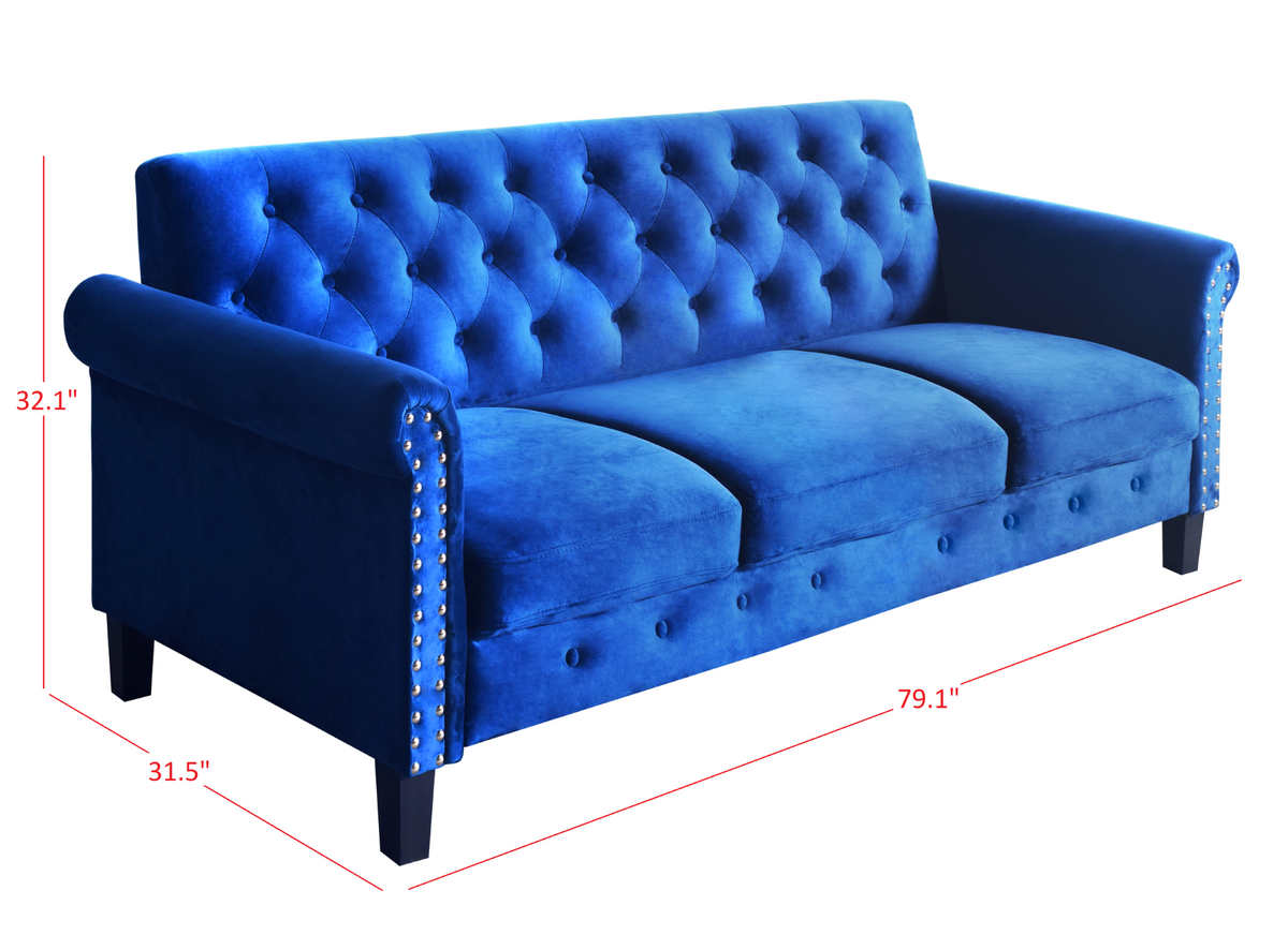 Home Design Casper Velvet Rolled Arm Loveseat, Navy Blue