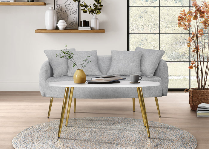 Home Design Molly Boucle Fabric Loveseat with 4 Throw Pillow and Coffee Table, Living Room, Gray