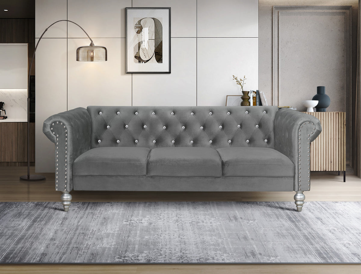 Home Design Emma Contemporary Cushion Velvet Rolled Arm Chesterfield Sofa, Adult