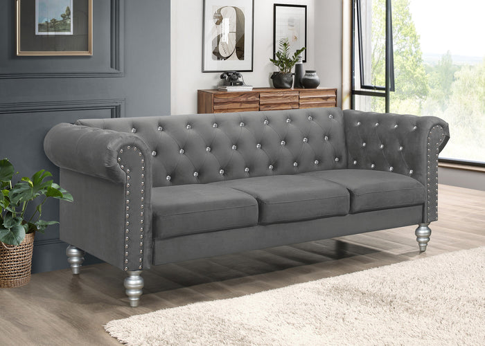 Home Design Emma Contemporary Cushion Velvet Rolled Arm Chesterfield Sofa, Adult