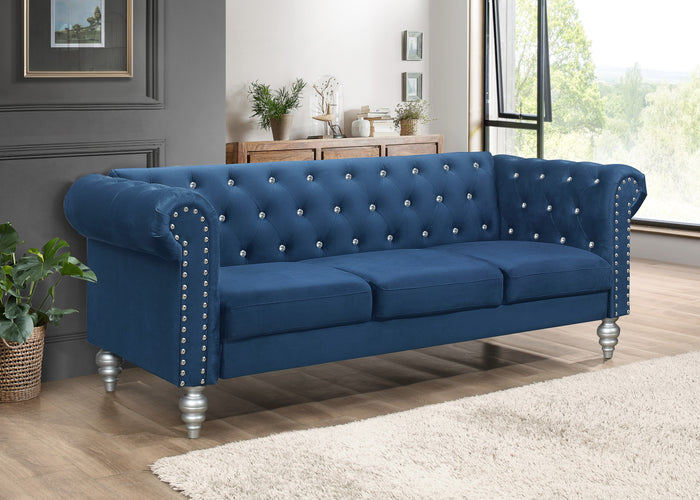 Home Design Emma Contemporary Cushion Velvet Rolled Arm Chesterfield Sofa, Adult