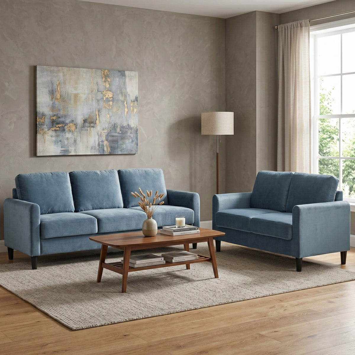 Home Design Airell 2-Piece Living Room Set with Loveseat and Sofa, Soft Velvet Fabric, Modern Upholstered Design