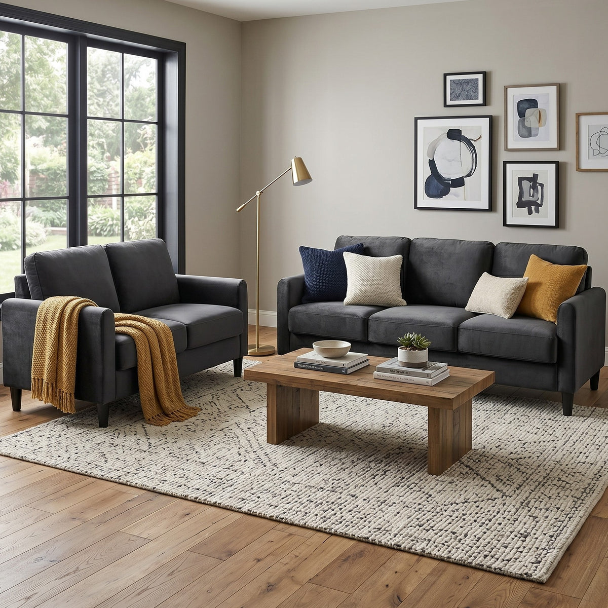 Home Design Airell 2-Piece Living Room Set with Loveseat and Sofa, Soft Velvet Fabric, Modern Upholstered Design