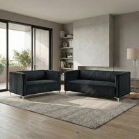 Home Design Gavin 2-Piece Velvet Living Room Set with Loveseat and Sofa, Square Arm Design, Channel Tufted Upholstery