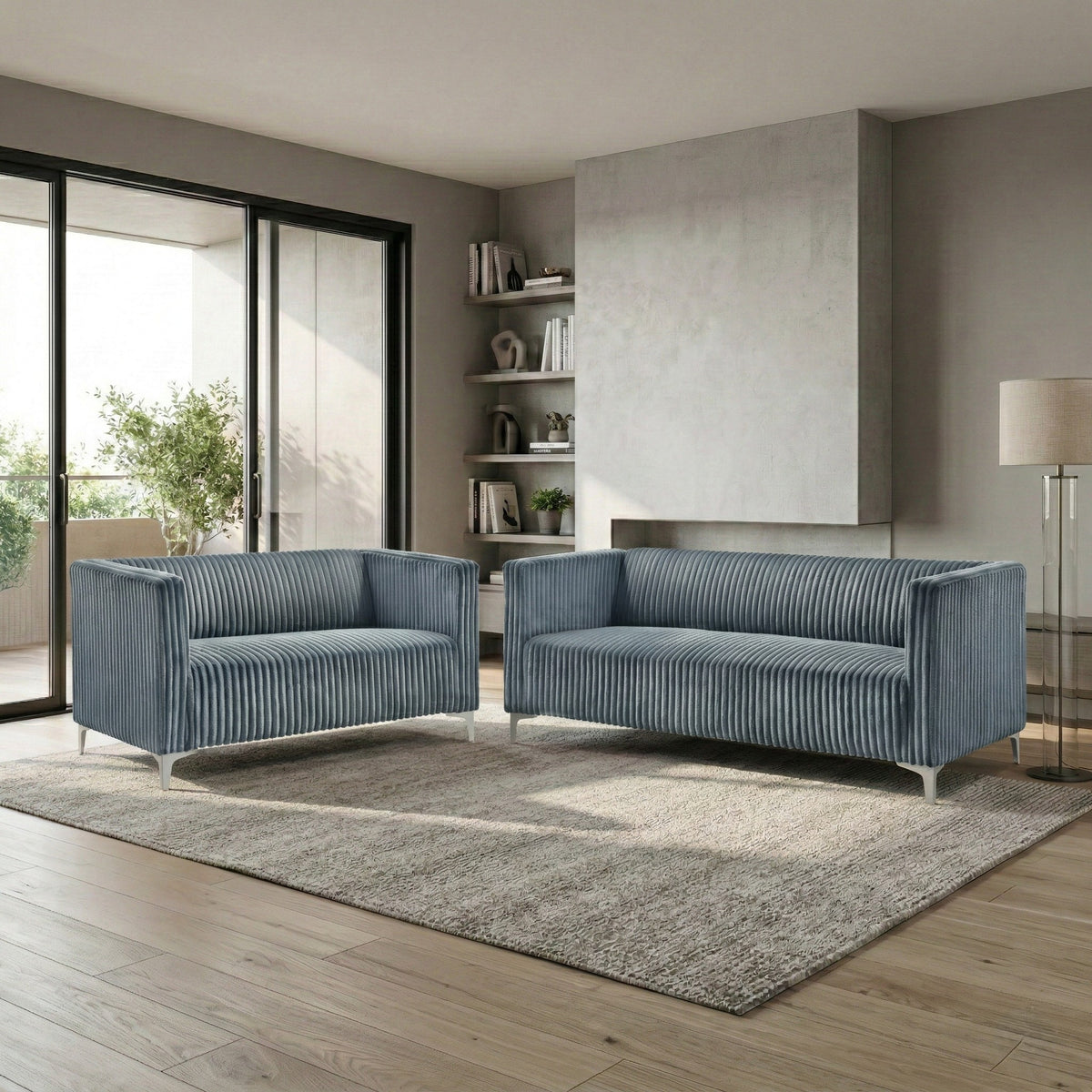 Home Design Gavin 2-Piece Velvet Living Room Set with Loveseat and Sofa, Square Arm Design, Channel Tufted Upholstery