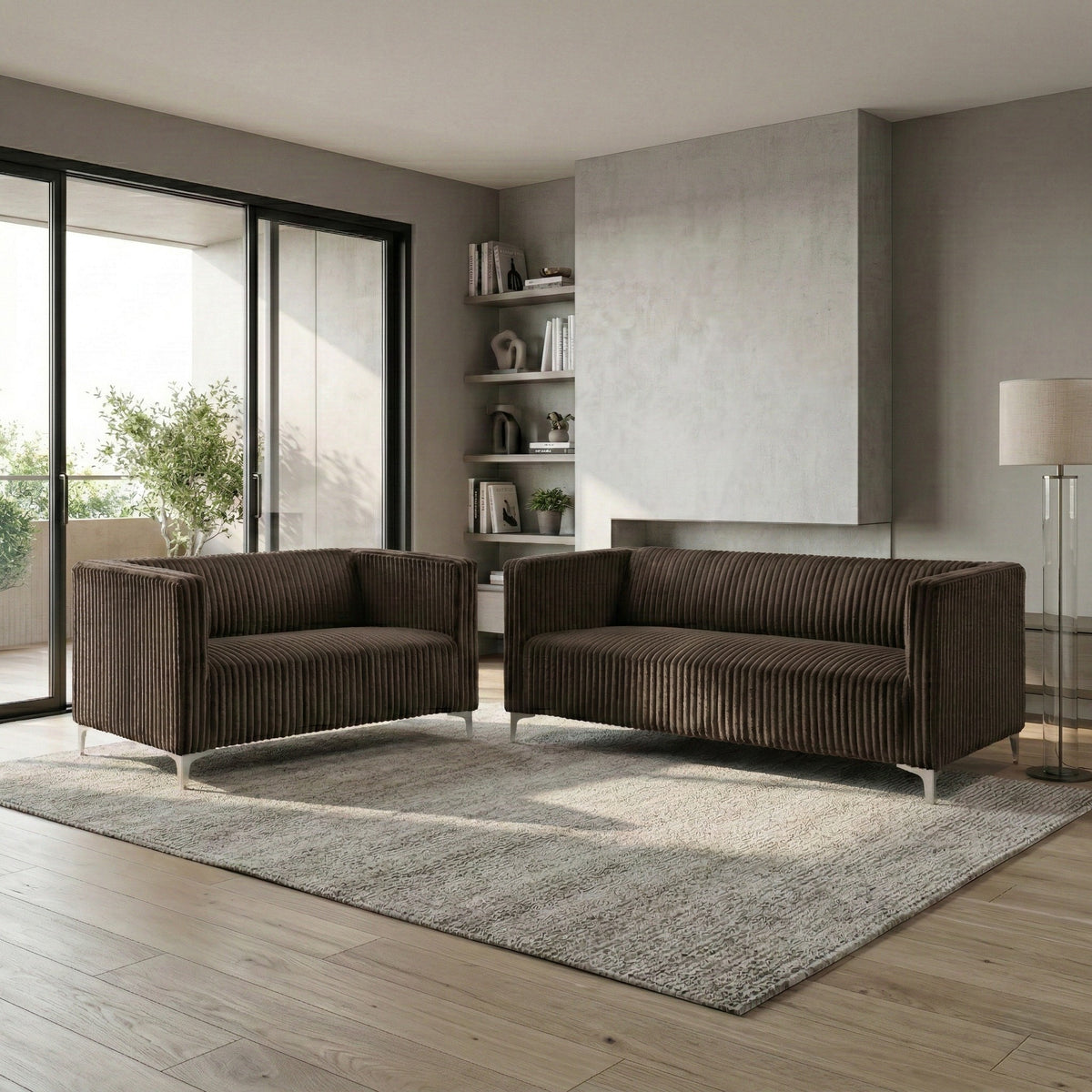 Home Design Gavin 2-Piece Velvet Living Room Set with Loveseat and Sofa, Square Arm Design, Channel Tufted Upholstery