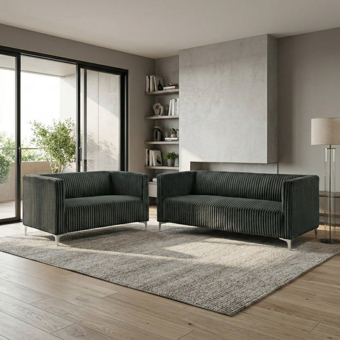 Home Design Gavin 2-Piece Velvet Living Room Set with Loveseat and Sofa, Square Arm Design, Channel Tufted Upholstery